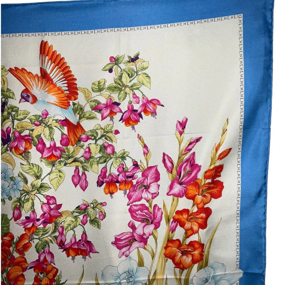 Christian Dior 32” Square 100% Silk Scarf Blue Multicolored Birds & Floral Print - Picture 5 of 16